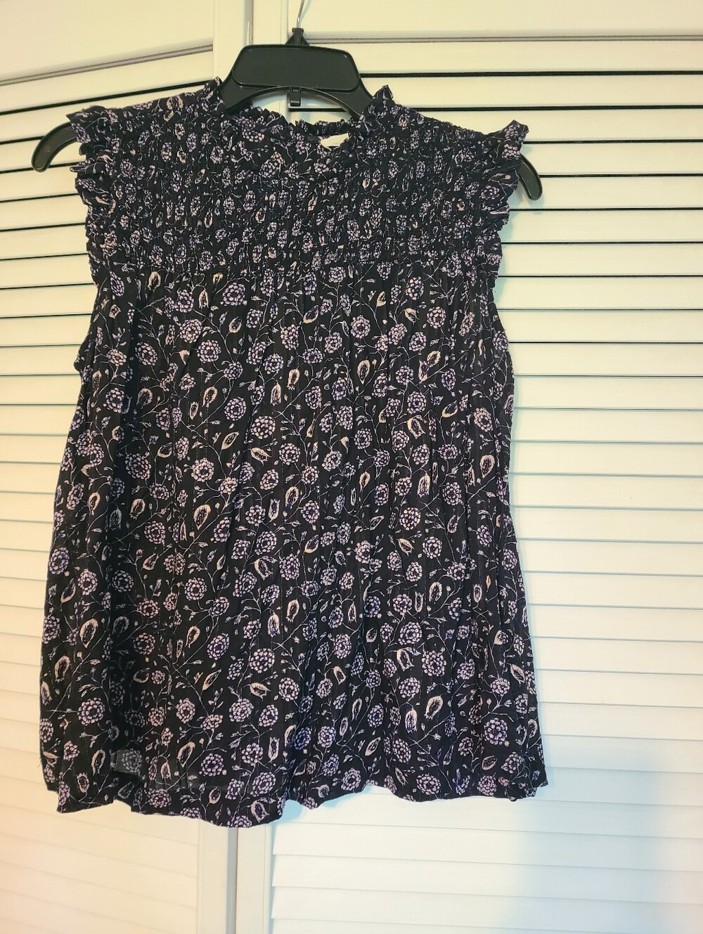 Treasure and Bond Smocked Neck Floral Sleeveless Top - Deep Blue Floral